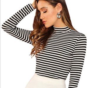 Black and white striped long sleeve mock neck